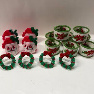 VTG Plastic Canvas Needlepoint Christmas Napkin Rings Santa Poinsettia Wreaths